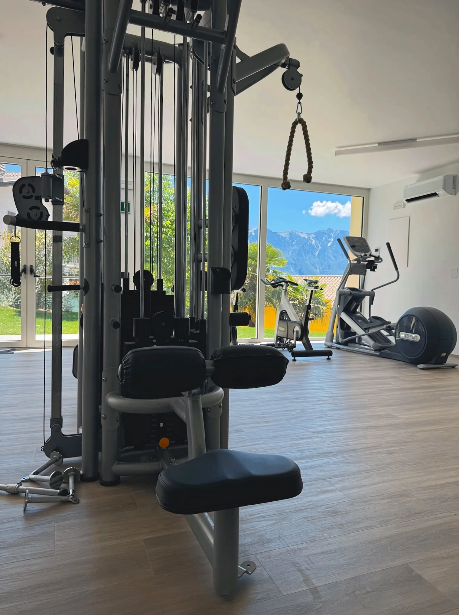 Working out with mountain views through the glass front